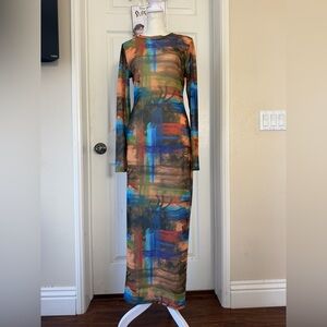 Blanc Mesh Multicolor Long Sleeve Maxi Dress size US L